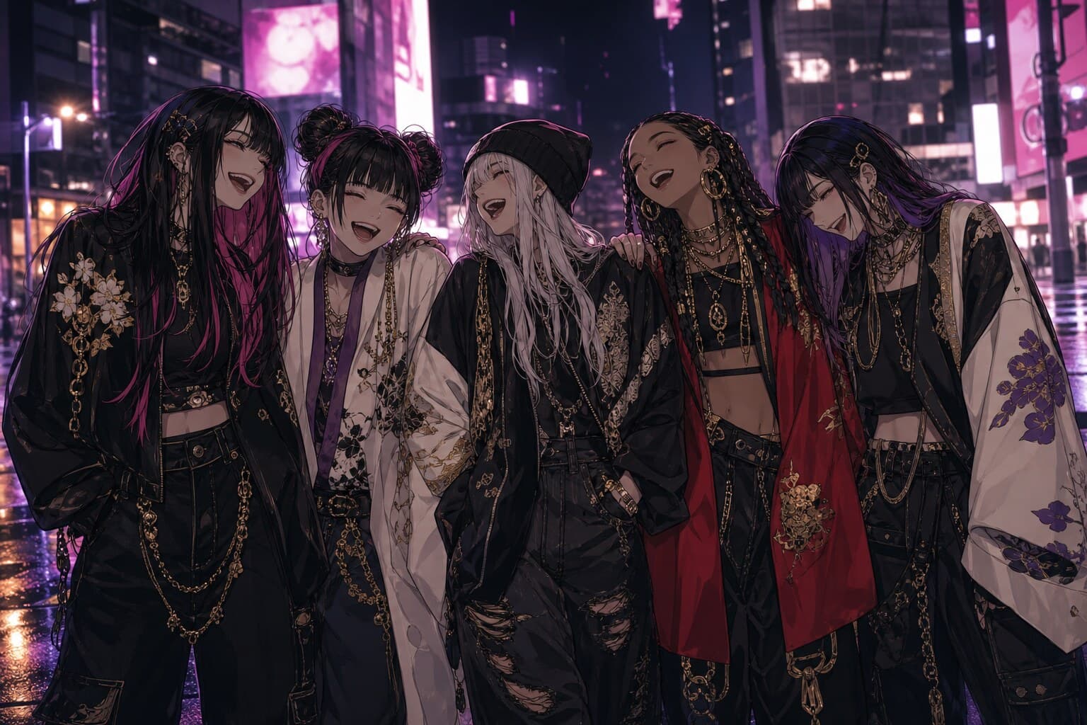 The five Hood Juku Girls together on a neon-lit Kuroville street at night