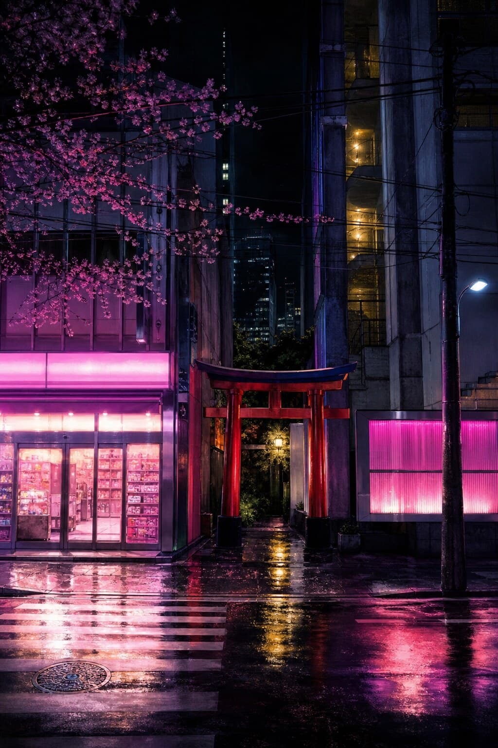 A wet neon street in Kuroville at night, a red torii gate between a lit shopfront and a concrete tower