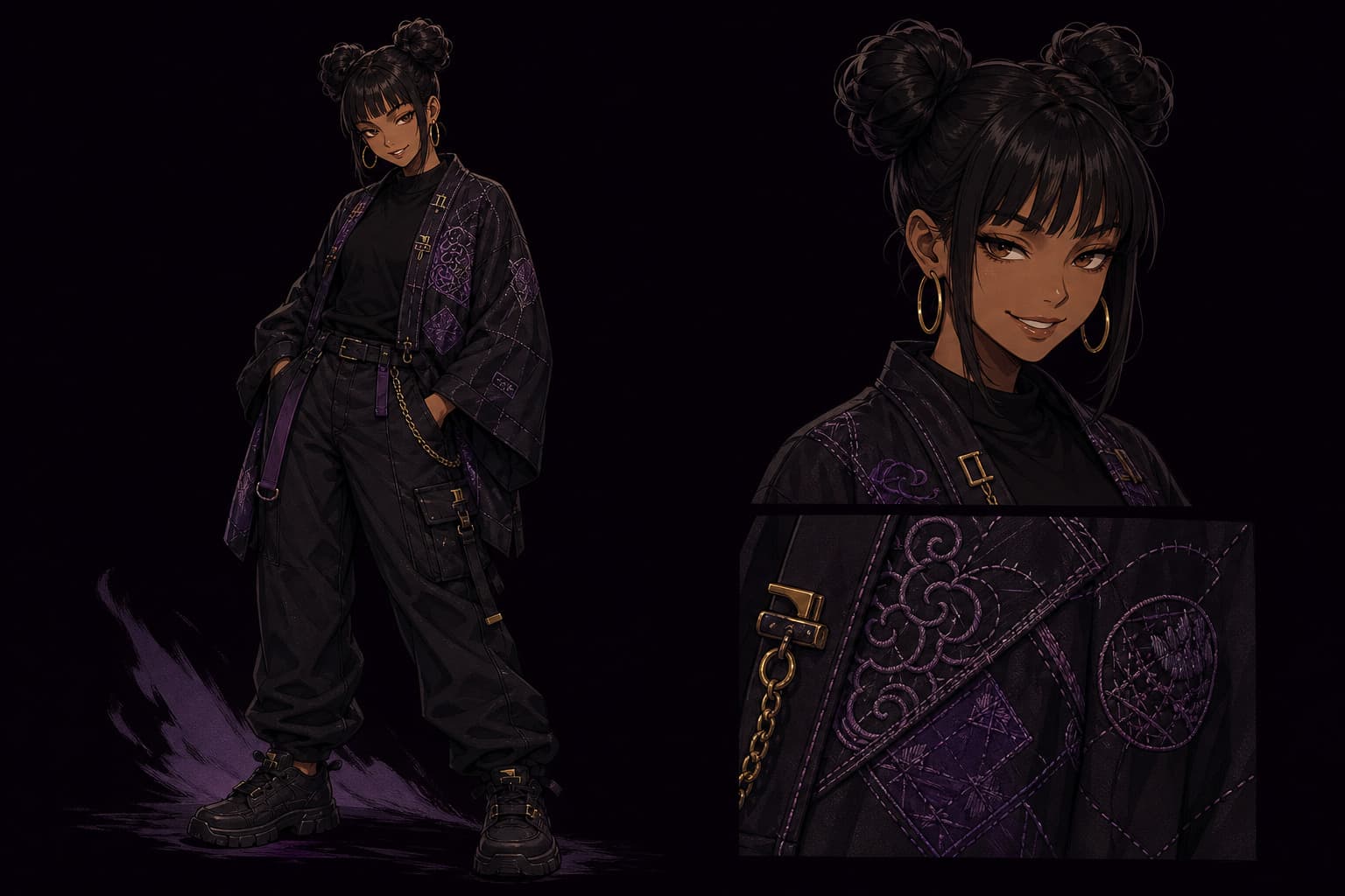 Mika reference sheet: face, hair, outfit and embroidery